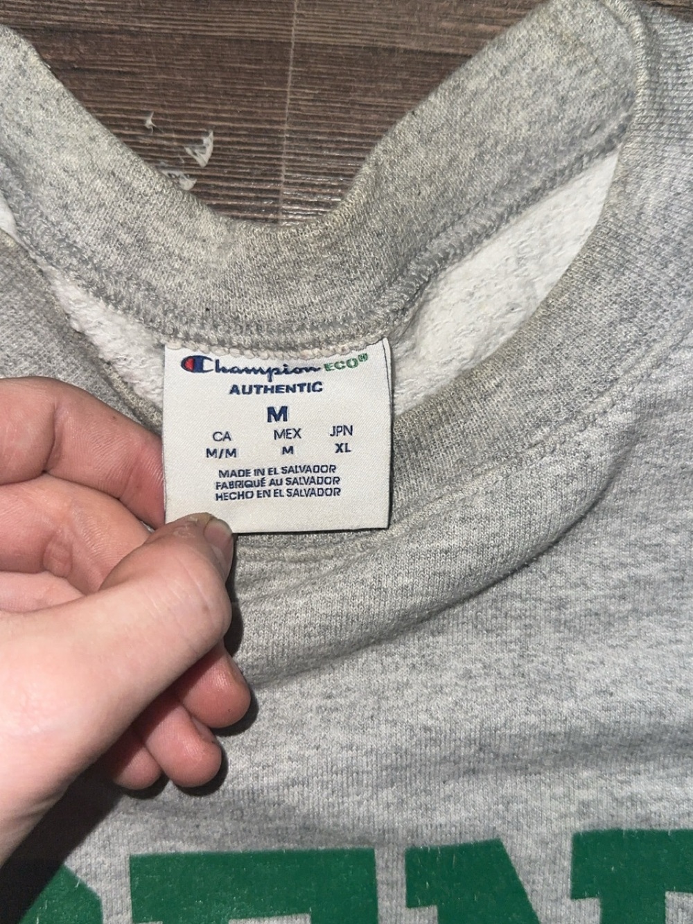 Champion Gray Crewneck Sweatshirt with Green Lettering